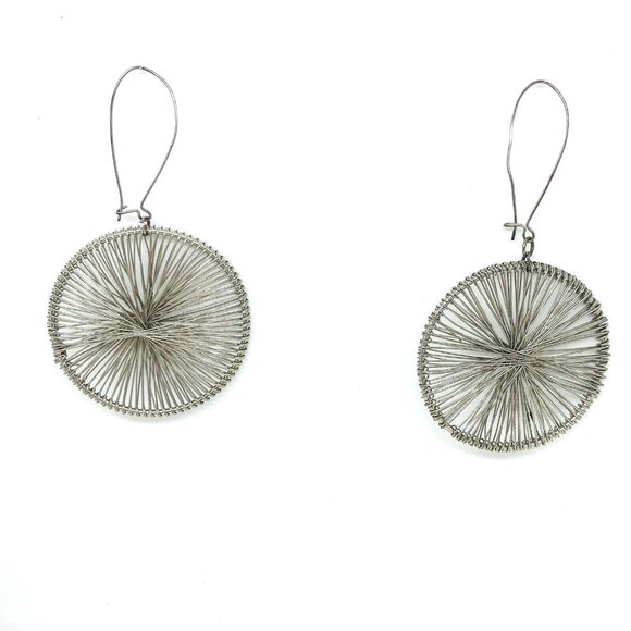 Vintage 1980s Handmade Silver Tone Wire Dangle Earrings 3.5" Round Drop - Picture 1 of 8